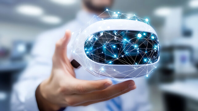 Hand Holding a VR Headset with Illuminated Neural Network Display - Powered by Adobe