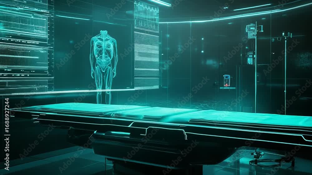 Poster futuristic operating room showing human body scan and data analysis