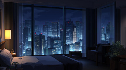 Modern Hotel Room with Night Cityscape View
