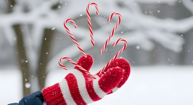 Close-up of a Child's mitten catching falling candy canes, snow in background.