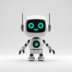 A cute white robot with glowing turquoise eyes and a glowing turquoise symbol on chest