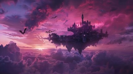 Fantasy Castle Floating in Pink and Purple Cloud Sky with Flying Bats and Stars