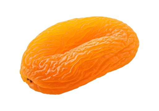 Close-up view of a single dried apricot, showcasing its wrinkled texture and vibrant orange hue against a black background.