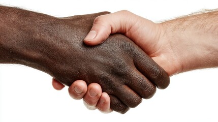 Fototapeta premium Two hands clasp together, showcasing a bi racial handshake that emphasizes the importance of unity and connection between different backgrounds and communities