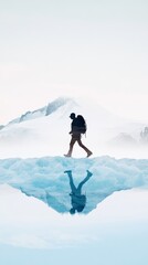 A backpacker crossing a glacier on a clear, sunny day close up with glacier and ice field, reflecting the tranquility and beauty of nature in an arctic environment.
