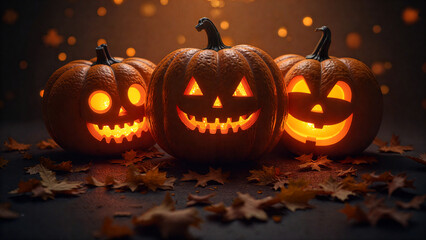 Three Glowing Jack-o'-Lanterns with Autumn Leaves and Bokeh Halloween Lights