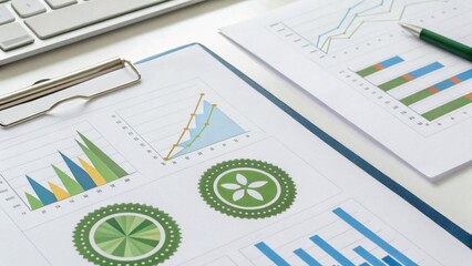 A collection of colorful graphs and charts on paper, alongside a keyboard, illustrating data analysis and presentation.