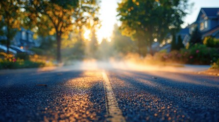Obraz premium Asphalt Road with Yellow Line, Hazy Sunlight and Trees.