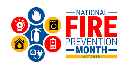 National Fire Prevention Month background, banner, card or poster design template is observed every year during October, to raise awareness about the mission. Vector illustration.