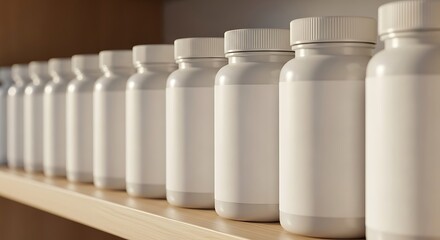 Row of white plastic bottles with blank labels on a shelf in a close up view
