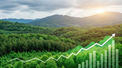A vibrant landscape featuring lush green mountains and trees, overlaid with a graphical growth chart symbolizing progress and sustainability.