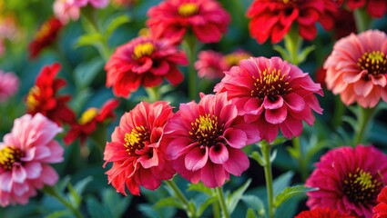 Colorful flowers with pink, red, and yellow hues in a garden setting. Bright, vibrant blossoms creating a lively floral display.