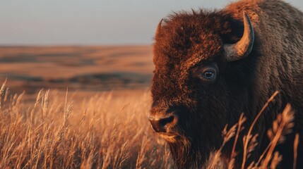 Bison Portrait in Golden Grassland