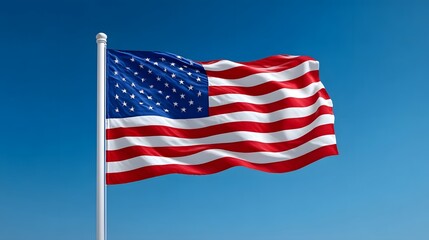The iconic red, white, and blue American flag waving in the wind on a bright, sunny day with a clear blue sky in the background.