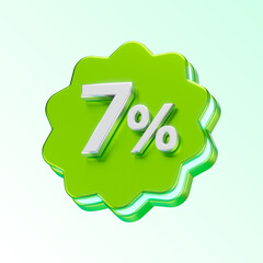 green 7 percent discount number isolated on white background. 3d render