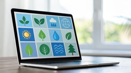 A laptop displays colorful icons related to nature and the environment, including leaves, water droplets, and the sun, suggesting a focus on sustainability.