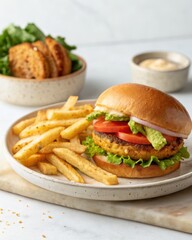 Burger with Fries, Salad, and Sauce on a Plate.