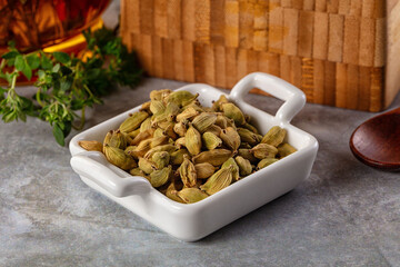 Green dry cardamom heap spices aroma