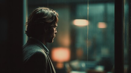 A man stands in profile, gazing out through a rain-streaked window. Soft warm light contrasts with a cool atmosphere, creating an introspective mood in a contemporary urban environment