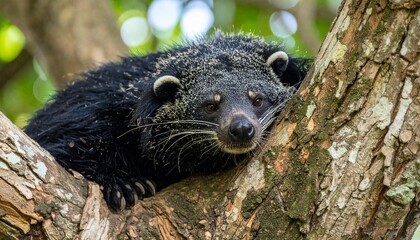 A binturong stretched out in a tree, watching with alert expression and twitching whiskers