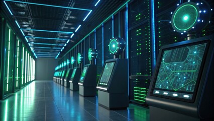 A futuristic data center featuring illuminated technology panels and green lighting, showcasing a sleek, modern design for digital infrastructure.