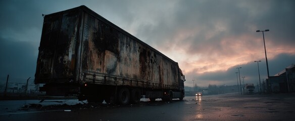A burned-out truck stands alone in an industrial setting at twilight, surrounded by puddles and debris. Dark clouds loom overhead while distant vehicles pass on the road