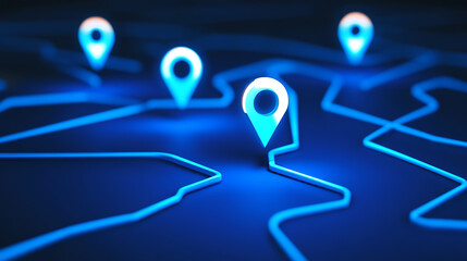 Blue Glowing Location Pins on a Map Outline