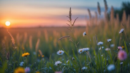 Fototapeta premium A meadow at sunset with wildflowers and tall grass, capturing the beauty of nature and the peaceful atmosphere.
