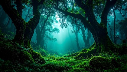 Lush Forest Scenery with Fog and Moss Covered Trees