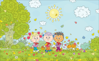 Funny little girls mushroomers walking with their wicker baskets and gathering mushrooms among grass and colorful fallen leaves in an autumn forest, vector cartoon illustration