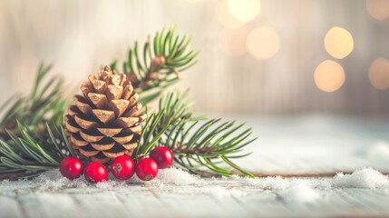 Festive Pinecone with Red Berries and Green Fir Branches on Snowy Surface for Christmas Decor