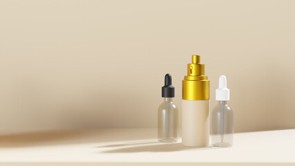 Cosmetic bottle and jar mockup. bottles of shampoo or body oil of serum stand next to each other in front view.