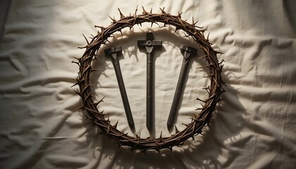 A crown of thorns with three iron nails rests on cloth, symbolizing Christ&rsquo;s crucifixion, suffering, and the deep sacrifice of love in Christianity.