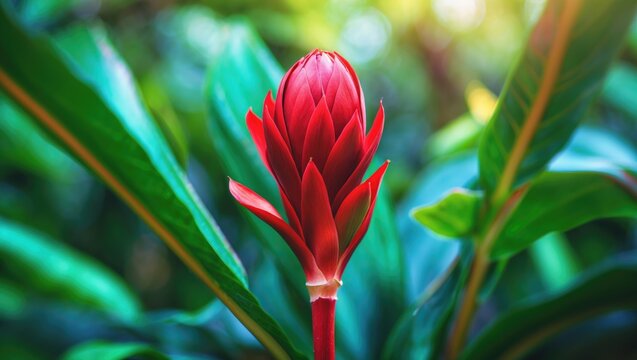 Close-up of a red ginger flower amid green leaves in a lush garden setting. - Powered by Adobe