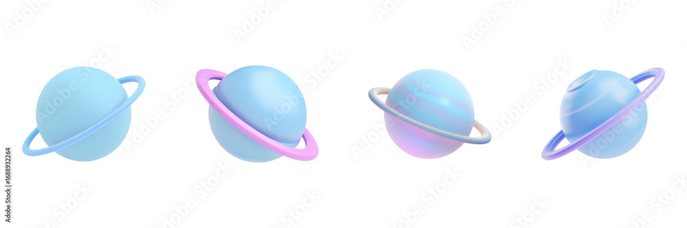 Poster 3d blue planets with rings set. futuristic space design collection isolated on transparent backgroun