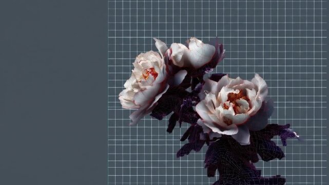 A digital illustration of delicate, light-colored blossoms with intricate detailing.  A grid-patterned backdrop adds a contemporary feel to the floral design.