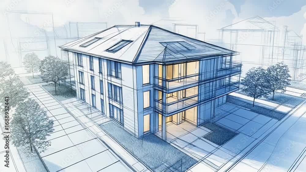 Poster modern residential building project showing architectural drawing with trees and sidewalk