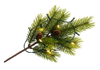 A festive arrangement of green pine boughs adorned with warm white Christmas lights and pinecones.