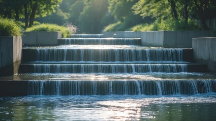 Waterfalls in a park with cascading water and lush green trees. Nature scenery and serene environment. The concept of peaceful natural landscapes.