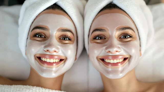 Two women enjoy a shared spa facial experience lying next to each other with face masks