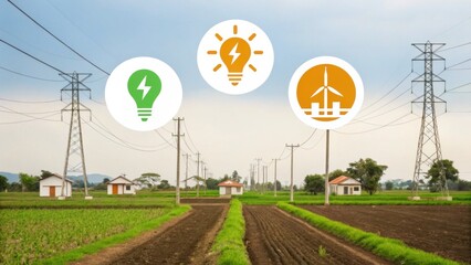 A serene rural landscape featuring power lines, fields, and icons representing energy sources such as electricity and wind power.