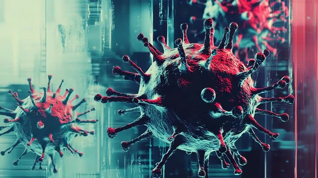 Coronavirus cells floating in microscopic view with digital glitch effect
