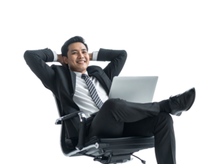  Happy Businessman Leaning Back with Laptop, Relaxed Pose, Transparent PNG