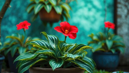 Colorful potted flowers with red blooms and lush green leaves in a garden setting.
