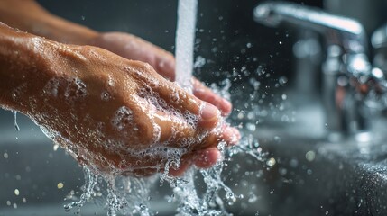 Fototapeta premium Close-up of hands washing with soap under running water, featuring splashes for a fresh and clean look.