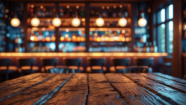 A cozy bar interior with warm lighting and bottles on shelves, viewed from a rustic wooden table.