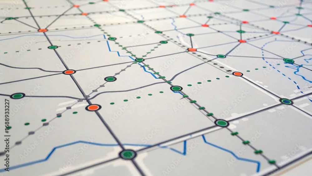 Poster a detailed map featuring various lines, nodes, and connections, showcasing a network layout with col