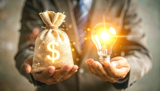 Businessman holding money bag and light bulb - Powered by Adobe