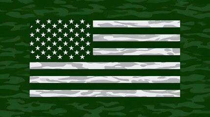 Stylized American flag with a camouflage pattern, creating a modern, abstract graphic design against a green background.