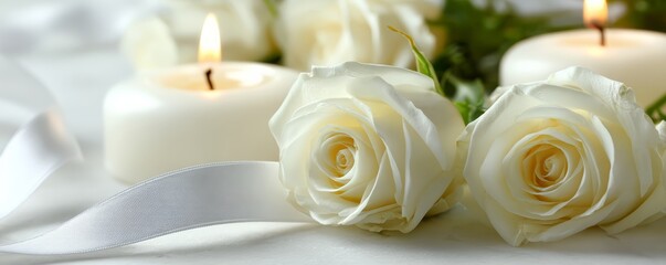 top view of memorial items including candles, white roses, and ribbons, Remembrance for Victims of Terrorism, , perfect for weddings or special occasions.